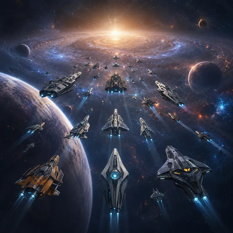 Space ships travel towards the distant horizon